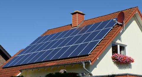 view of a roof with solar panels.